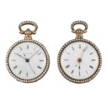 A pair of mid-19th century Swiss silver-gilt and painted enamel open face fob watches made for the