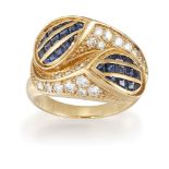 A sapphire and diamond ring by Chatilla, of crossover design with vari-shaped sapphire triple row
