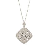 A diamond pendant necklace, the pendant with central quatrefoil motif within a rounded square