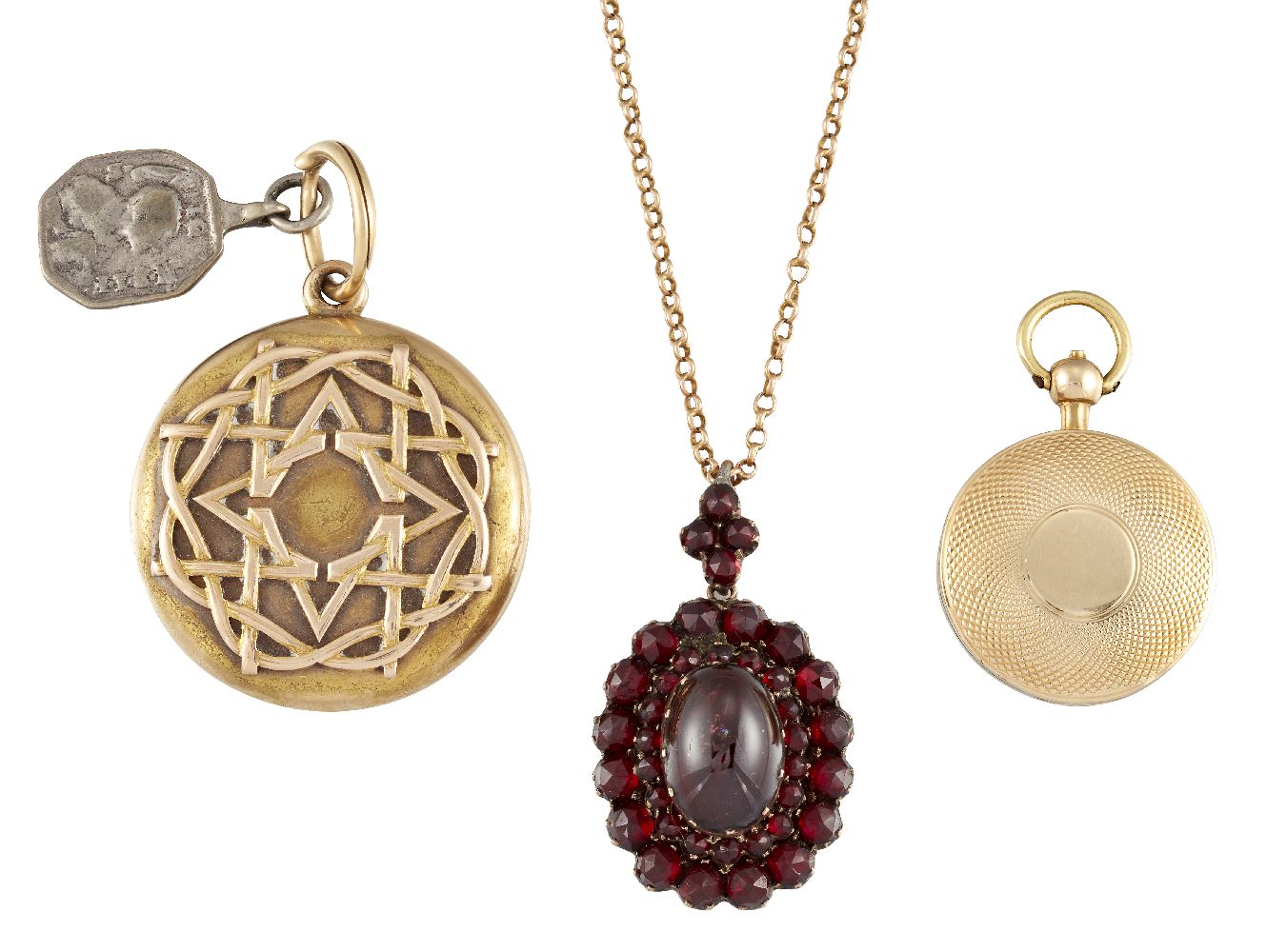 Three 19th century locket pendants, comprising: a gold circular example, the front with applied