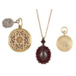 Three 19th century locket pendants, comprising: a gold circular example, the front with applied