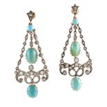 A pair of late 19th century diamond and turquoise drop earrings, each with oval cabochon turquoise
