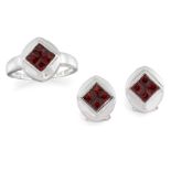 A garnet ring and pair of earrings, each composed of a square-cut garnet four stone square cluster