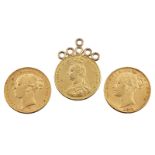 Three sovereigns, comprising: two Victoria Young Head, 1873 (shield back) and 1885; and a Victoria