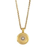 A late 19th century gold, diamond and half-pearl locket pendant, of circular form with glazed