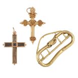 A small group of 19th century jewellery, comprising: two gold pectoral cross pendants, one with