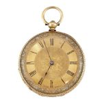 A 19th century gold open face key-wind fob watch, the floral engraved three colour dial with
