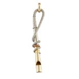 An early 20th century platinum and gold novelty whistle pendant, of riding crop design, the engraved