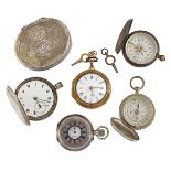 Three various pocket watches and a silver box, including an 18th century gilt pair case verge pocket