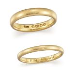 Two 22ct. gold band rings, Birmingham hallmarks, 1934, total weight approx. 6.7g, ring sizes J1/2