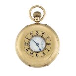 An 18ct. gold demi-hunter case keyless pocket watch by Elkington, the white enamel dial with