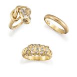 Three rings, comprising: one of serpent design, the old-cut diamond three stone head with rose-cut