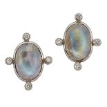 A pair of 18ct white gold, moonstone and diamond earrings, each closed-set oval cabochon moonstone