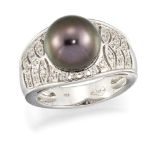 A cultured pearl and diamond ring, the central black cultured pearl, measuring approximately 10.5mm,