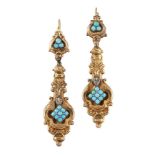 A pair of early 19th century gold and turquoise earrings, the scroll design shaped drops with