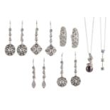 A group of jewellery, comprising: three pairs of diamond drop earrings, one with pierced
