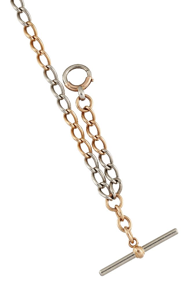 A late 19th century gold and platinum watch chain, of twisted oval link design, with clip and bolt