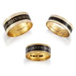 Three George III gold and enamel mourning rings, comprising: a black enamel band bearing the