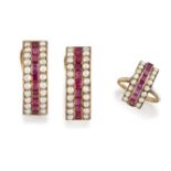 A seed pearl and synthetic ruby ring and pair of earrings, each of curved panel design, the