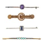 Four bar brooches, comprising: a rectangular-cut sapphire and rose-cut diamond cluster later mounted