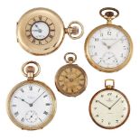 A group of five keyless lever pocket and fob watches, comprising: an early 20th century gold