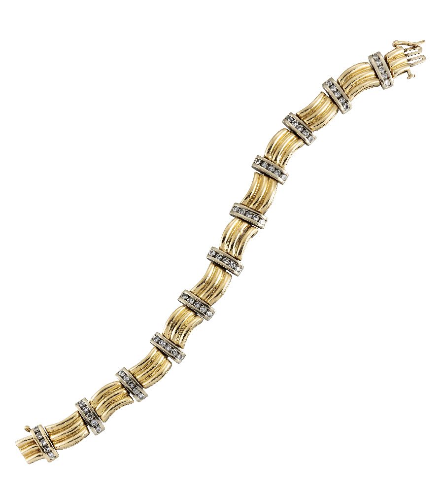 A diamond-set bracelet, composed of triple bar curved panels with brilliant-cut diamond five stone