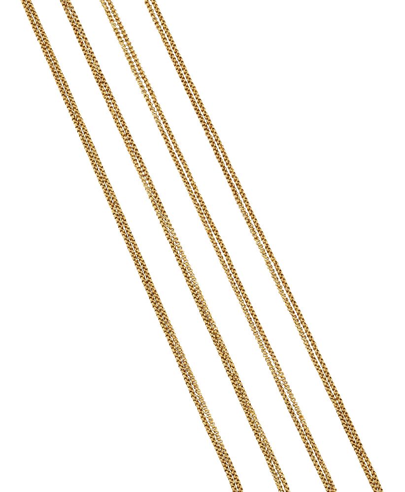 A long guard chain, of fine belcher link design, length 236.5cmNo assay marks, approx. 18.7g