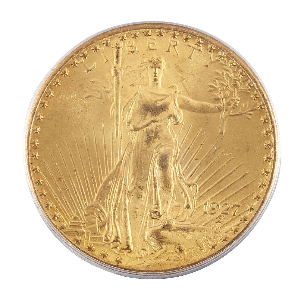 A USA gold $20 coin, 1927, in slab case from the Professional Numismatic Guild IncPlease refer to