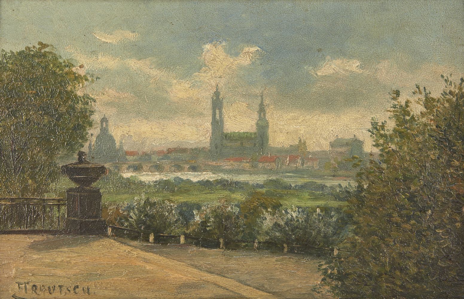 Franz Trautsch, German 1866 - 1920- View of a city; oil on board, signed lower left, 18 x 27cm