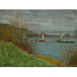 Eugène-Antoine Durenne, French 1860 -1944- Bateaux sur la seine; oil on canvas, signed lower