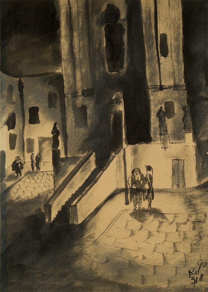 Marcel Ronay, Hungarian 1910-1998- Vienna street scene, 1931; ink wash, signed with initials and