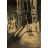 Marcel Ronay, Hungarian 1910-1998- Vienna street scene, 1931; ink wash, signed with initials and