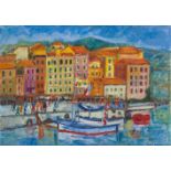 Charles Badoisel, French 1925-2009- Quai Courbet II, Villefranche; oil on canvas, signed lower