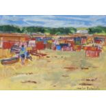 Charles Badoisel, French 1925-2009- Boîtes de plage (beach boxes); oil on canvas, signed, 31 x