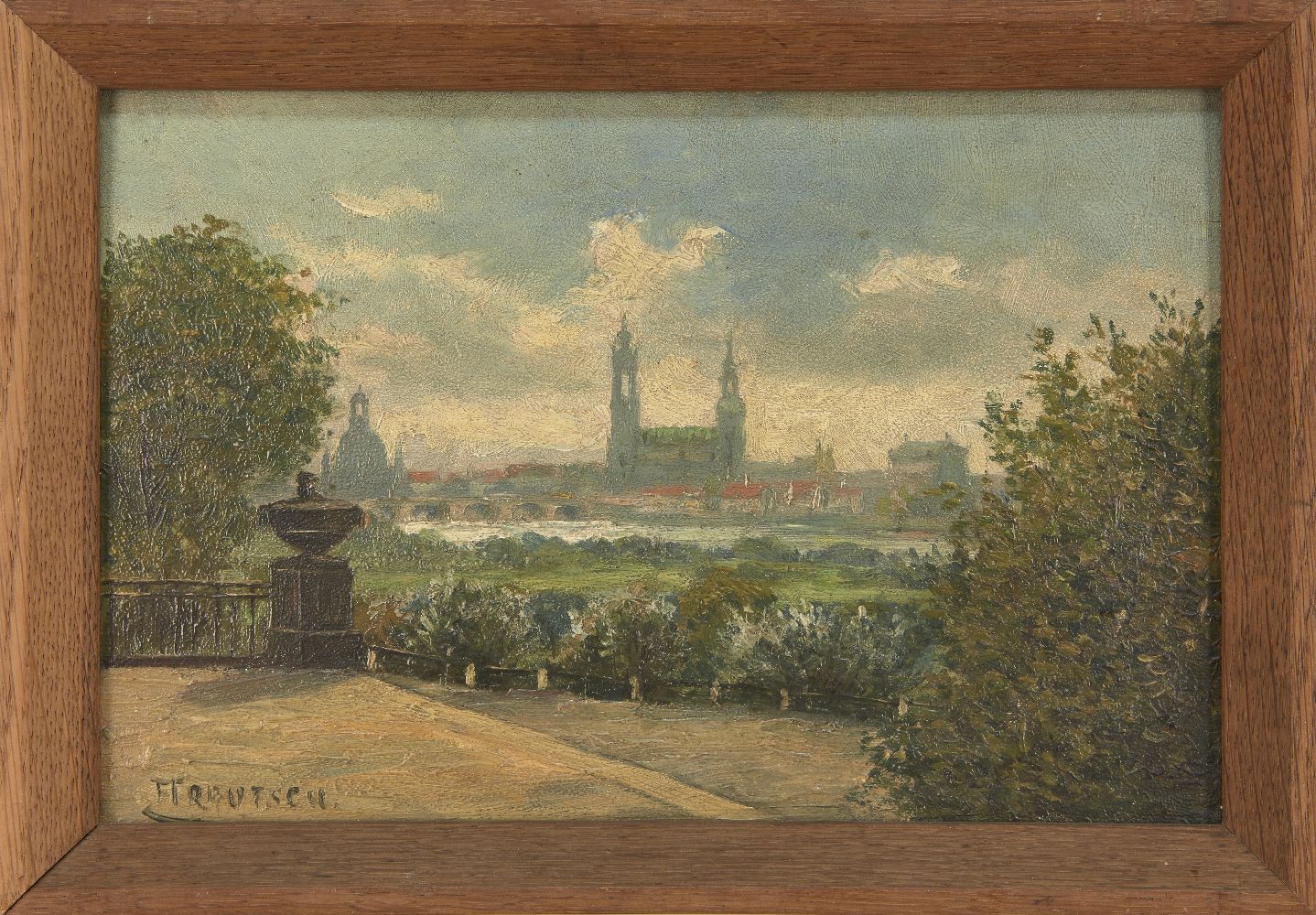 Franz Trautsch, German 1866 - 1920- View of a city; oil on board, signed lower left, 18 x 27cm - Image 2 of 3