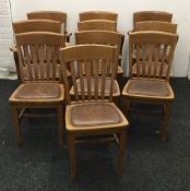 Ten early 20th century leather seated oak chairs (four with arms)