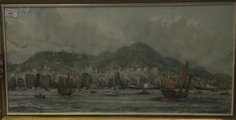 Hong Kong Harbour, watercolour, signed Ling, framed and glazed. 67 x 33 cm.