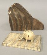 An elephant tooth section and an elephant tooth slab mounted with an elephant