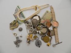 A quantity of coins, watches, pearls, etc.
