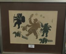 An unusual print, possibly Inuit, framed and glazed. 30.5 x 23 cm.