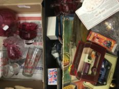 A quantity of miscellaneous items, including boxed cars, glass, books, a coffee table, etc.