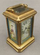 A miniature Sevres style porcelain carriage clock