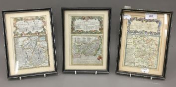 Three antique strip maps, Huntingdon to Ipswich, Ipswich to Norwich and London to King's Lynn,