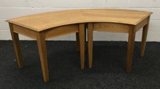 An oak demi-lune set of three boardroom type tables