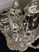 A silver plated tea set on tray