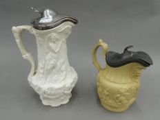 A 19th century pewter lidded stoneware jug,