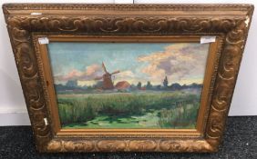 River Landscape with Windmill, oil on canvas, indistinctly signed,