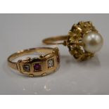 A diamond and ruby gold ring, together with an pearl set gold ring (5.