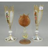 A Venetian glass vase and a pair of Bohemian glass vases.