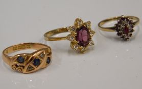 A 15 ct gold diamond and sapphire ring (3 grammes total weight), a 9 ct gold ring (1.